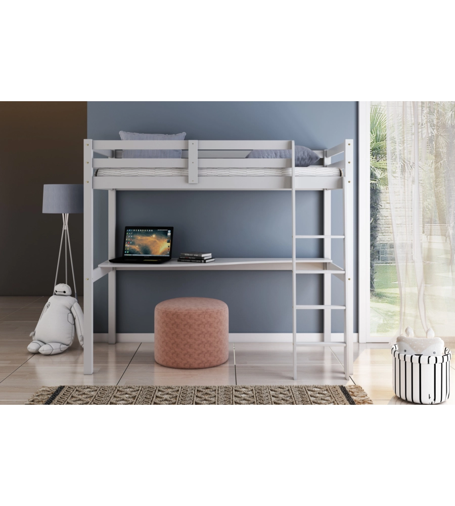 LETTO A SOPPALCO CON SCRIVANIA "NIZZA" IN PINO MASSELLO BIANCO LACCATO 90X190X176 CM